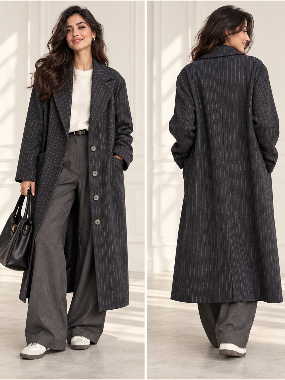 GianMarco Venturi Made in Italy Charcoal Pinstripe Long Coat